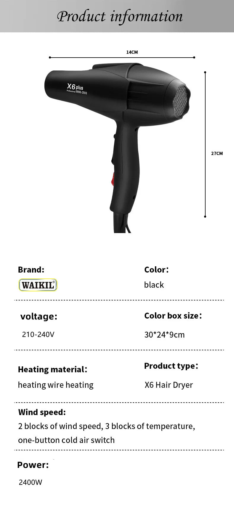 Black X6 Plus 2400W professional hair dryer with dimension specs, high-speed motor, and ergonomic salon design.