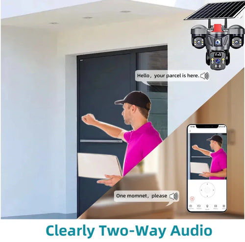 Outdoor PTZ solar WiFi security camera, black triple-lens head with two antennas