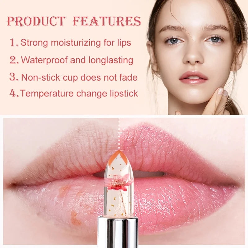 Crystal flower jelly lipstick with moisturizing balm, gold flakes, and color-changing tint on lips.