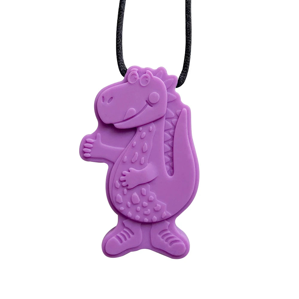 Purple dinosaur silicone baby teething toy necklace for soothing sore gums.