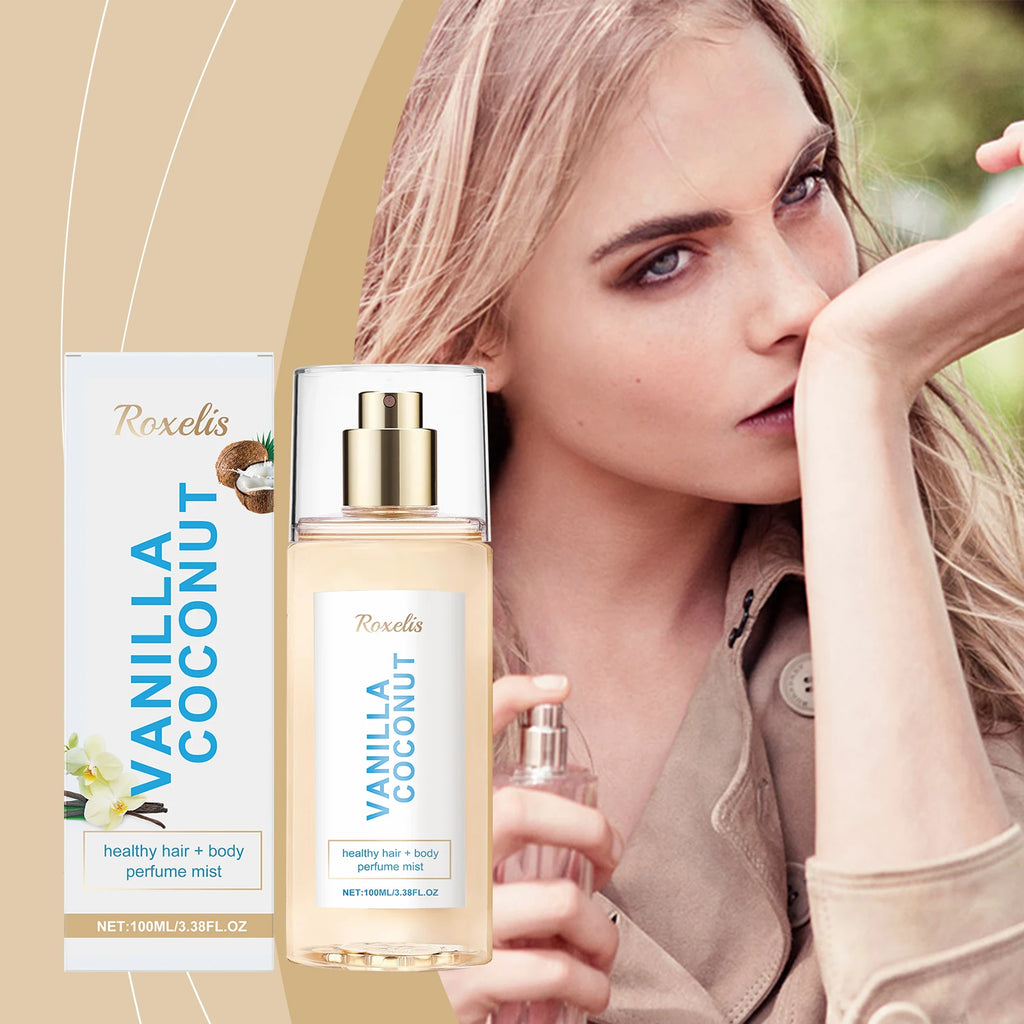 Roxelis Vanilla Coconut body mist for women in a sleek 100ml spray bottle. Fresh, long-lasting romantic travel perfume.