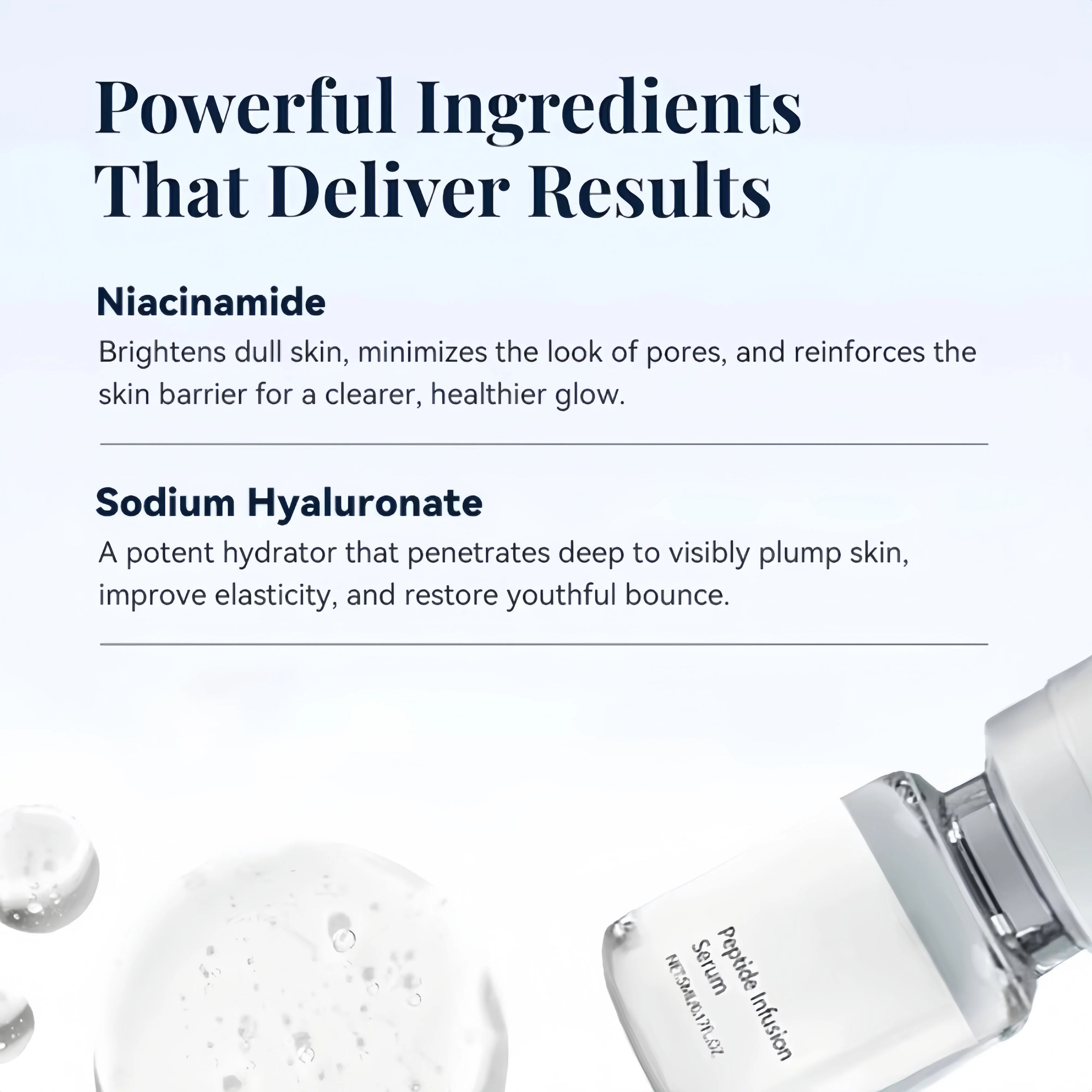 Infographic highlighting Niacinamide and Sodium Hyaluronate benefits next to a bottle of Peptide Infusion serum.