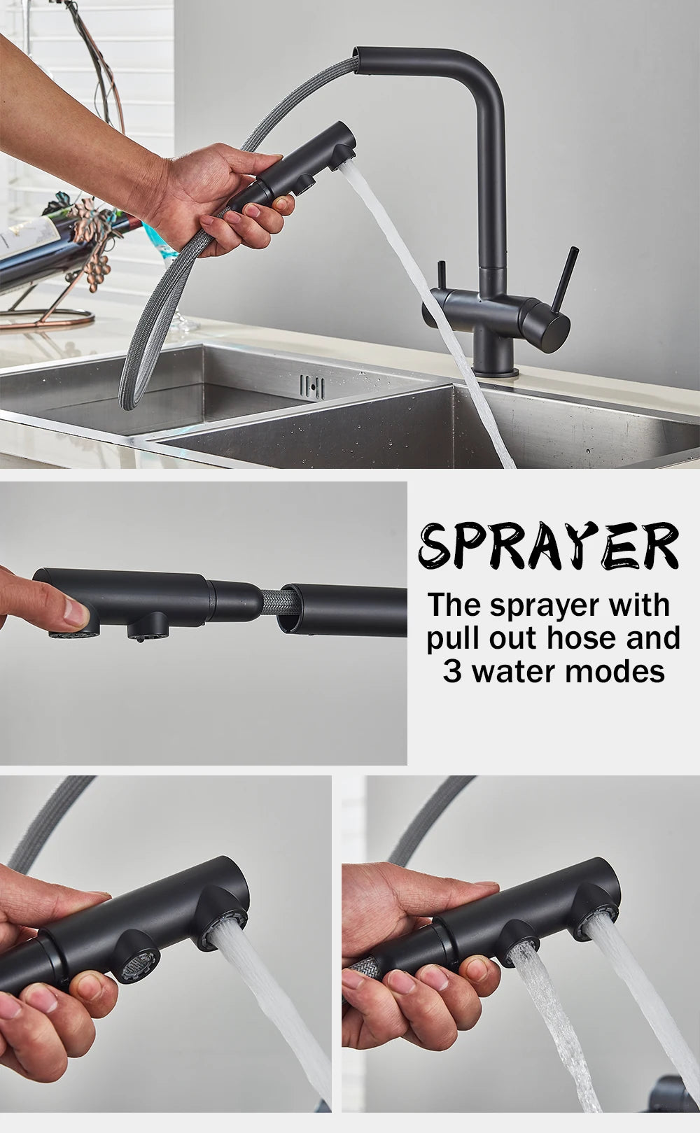 Black Water Purifier Kitchen Faucet 2 In 1 Pull Out Flexible Hot and Cold Water Mixer Tap with Filter Nozzle Faucets