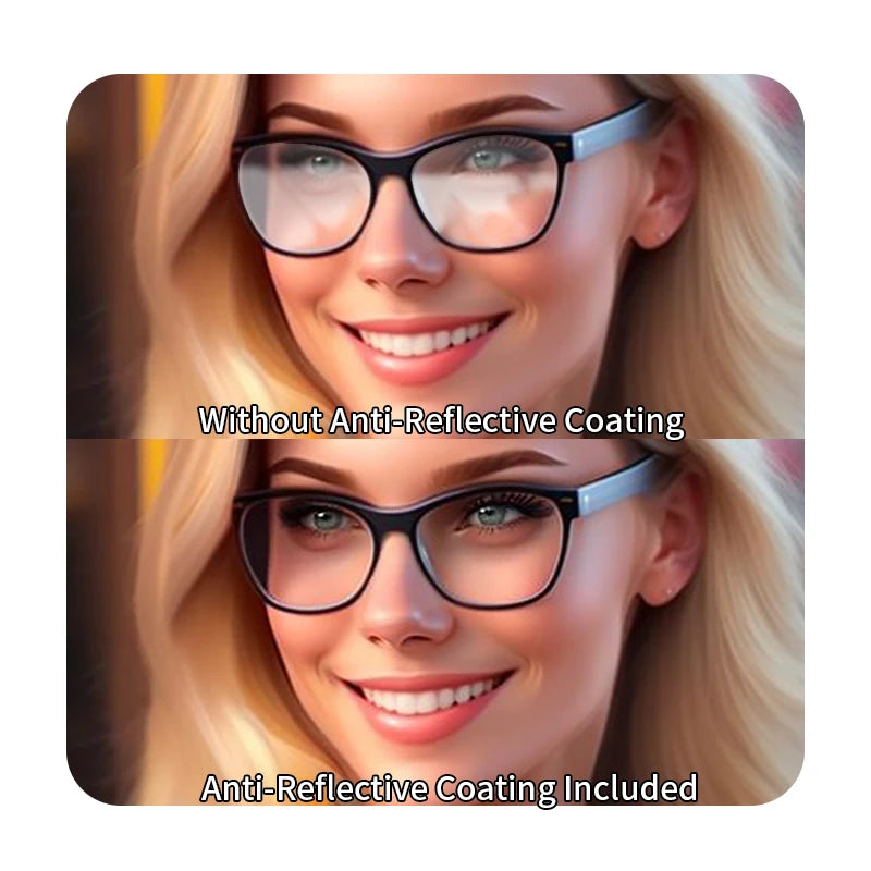 Comparison of black-rimmed glasses showing the clarity difference with and without anti-reflective coating.