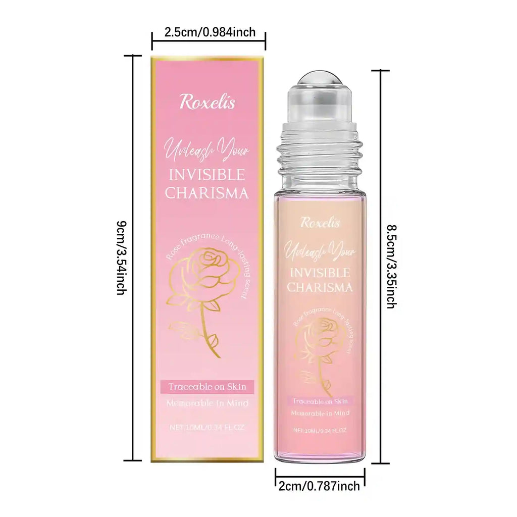 Roxelis women's rose perfume rollerball. Long-lasting, portable fresh floral scent in a slim travel glass bottle.