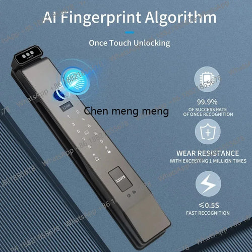 Fingerprint smart door lock with numeric keypad and blue biometric light icon