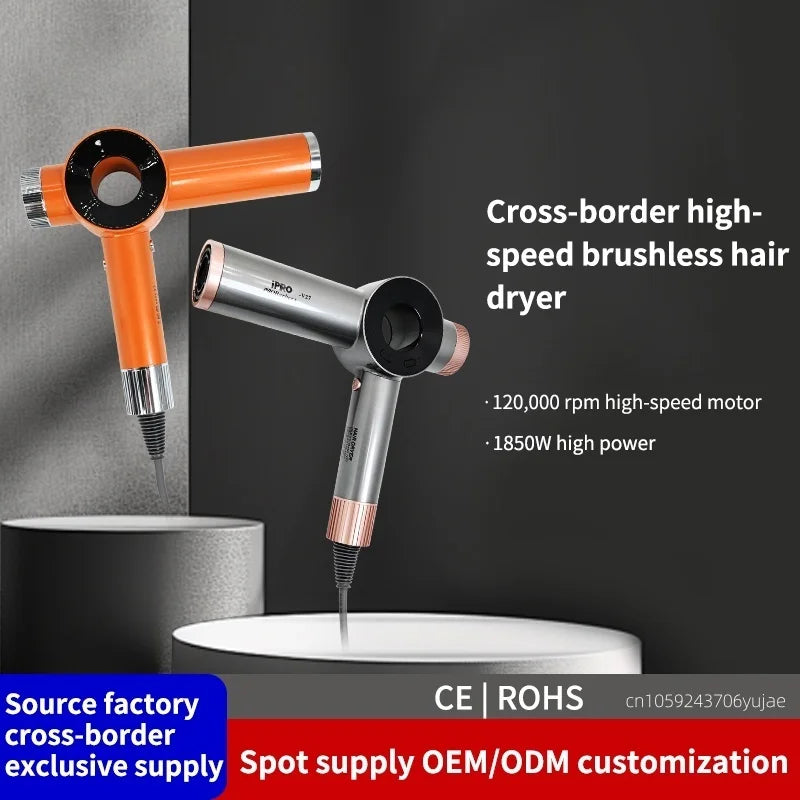 Orange and silver 120,000 RPM high-speed bladeless professional hair dryer with 1850W high-power motor design.
