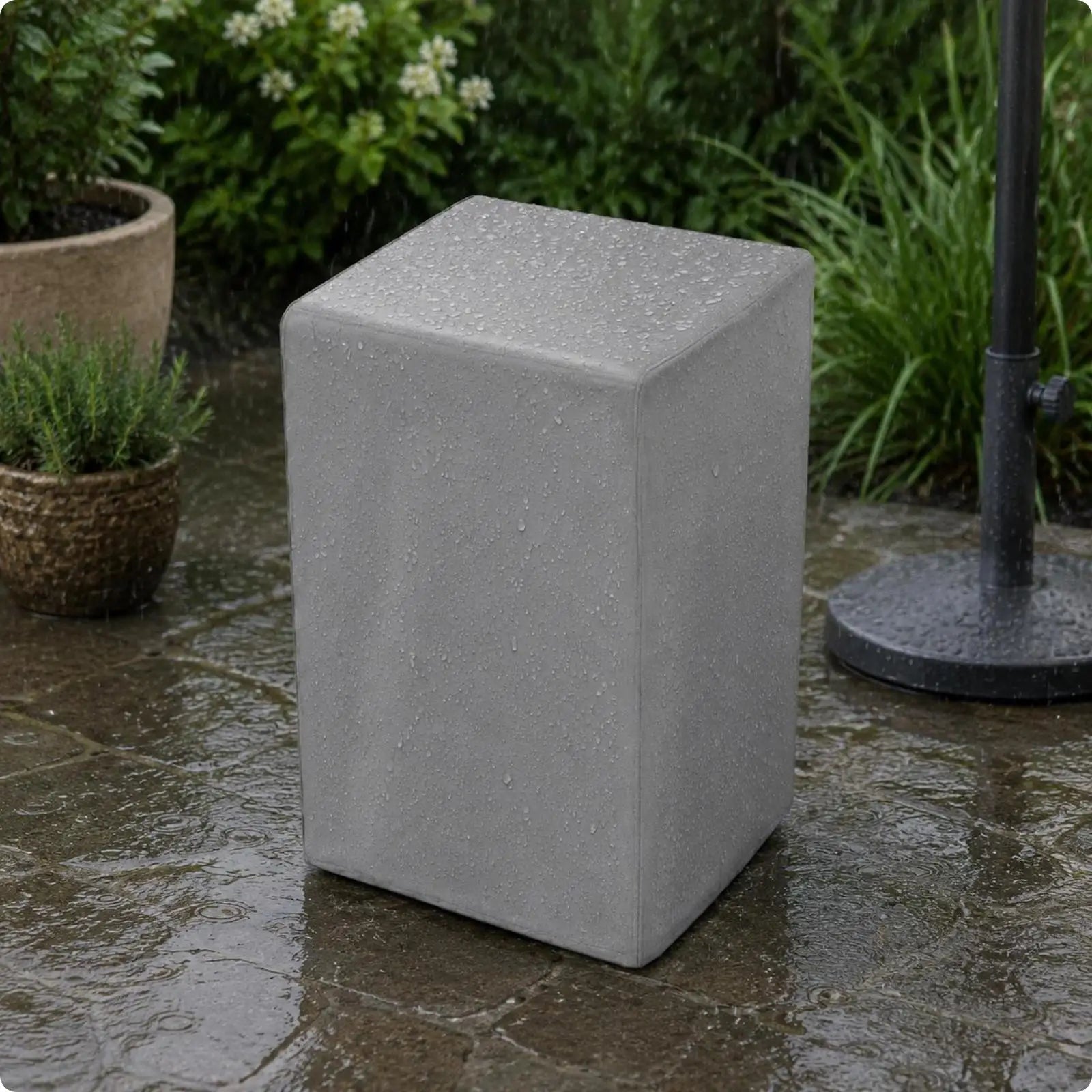 Water-resistant speaker cover, light gray rectangular fabric cover with crisp edges