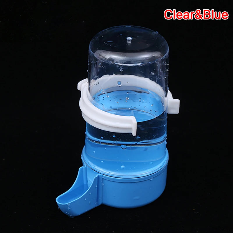 Automatic blue and clear plastic bird water dispenser for parrot cage feeding and drinking.