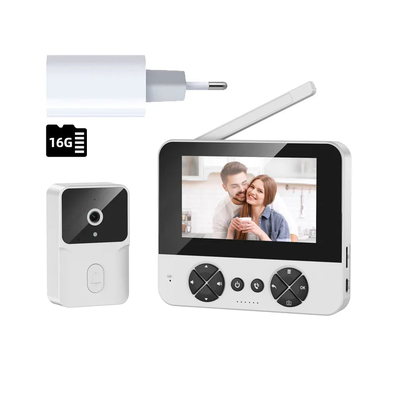 Wireless video doorbell system with 16GB storage, outdoor camera, and monitor display