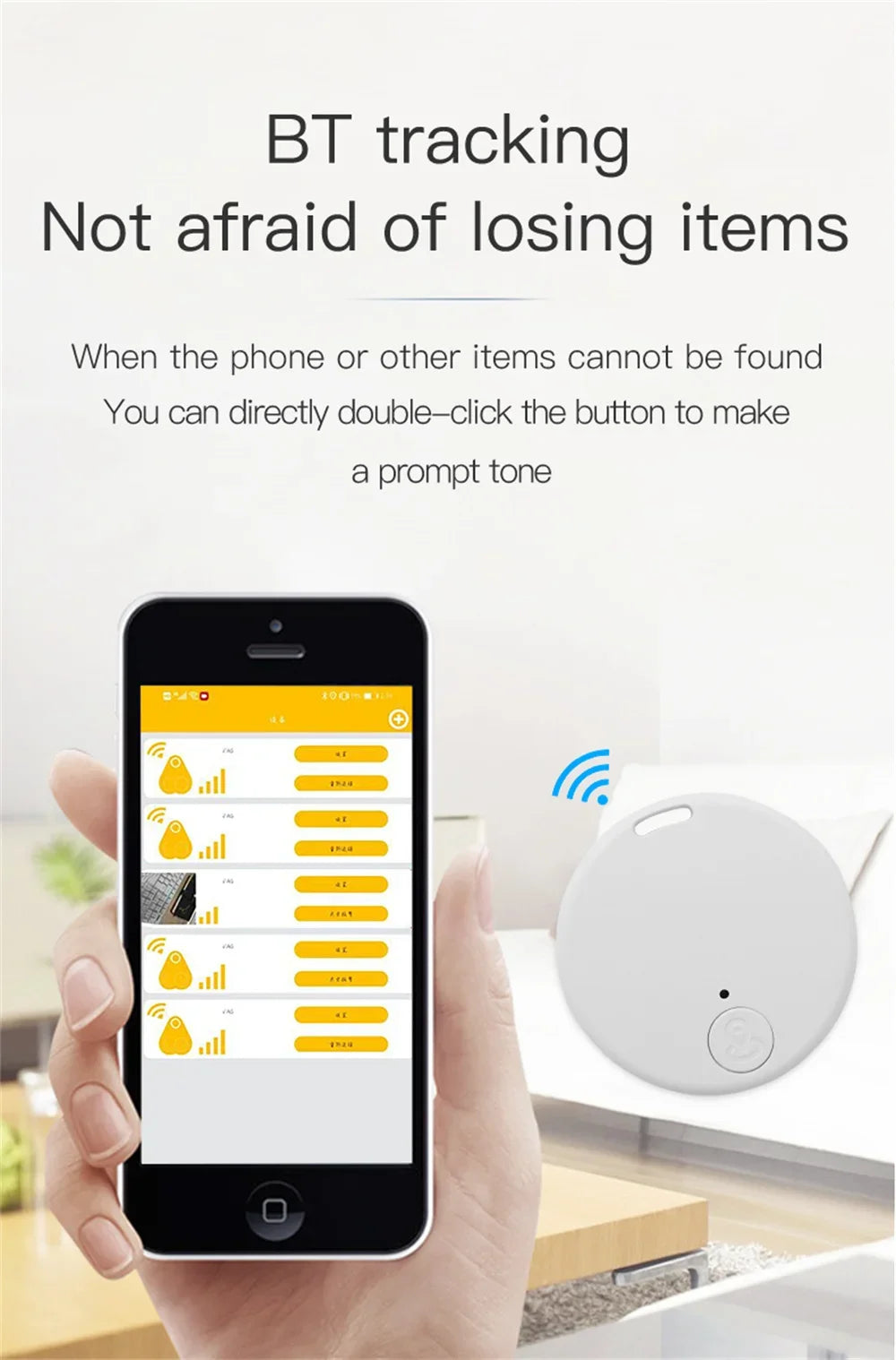Mini white Bluetooth GPS pet tracker and anti-lost smart finder device for phone, keys, and pets tracking.