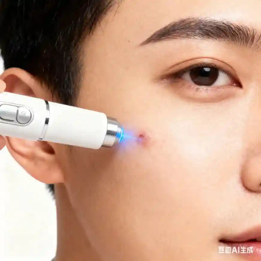 White handheld blue light skin tag and wart removal device being used on facial skin for clear, smooth results.