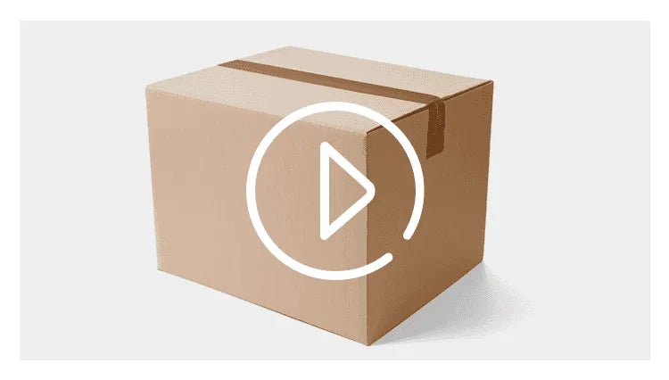 Cardboard shipping box with a circular play icon overlay.