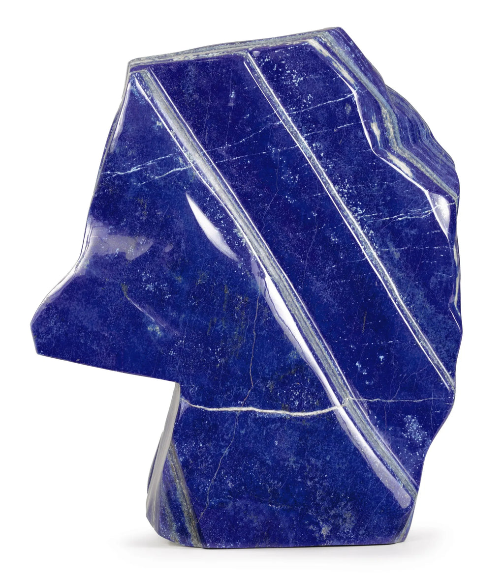 Polished blue lapis lazuli tumble, angular wedge shape with white mineral lines