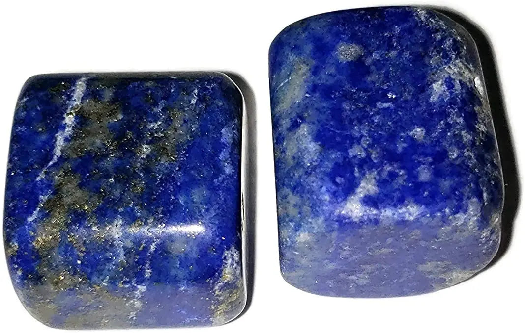 Polished blue lapis lazuli tumbles, two square pieces with speckled texture
