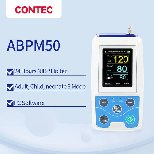 White and blue Contec ABPM50 digital blood pressure monitor with color display for health wellness tracking.