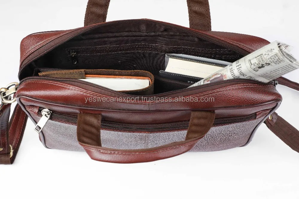 Brown vintage genuine leather business briefcase with zipper compartments, organized interior, and sturdy carry handles.