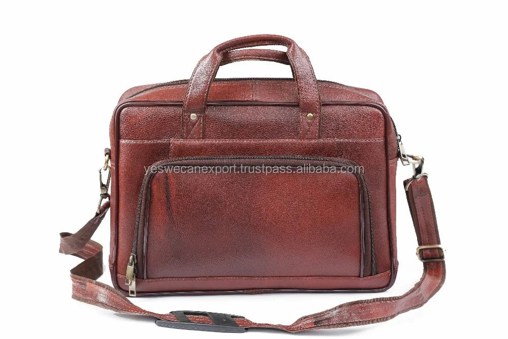 Vintage brown genuine leather 15.6-inch laptop briefcase with shoulder strap, zipper pocket, and top handles.
