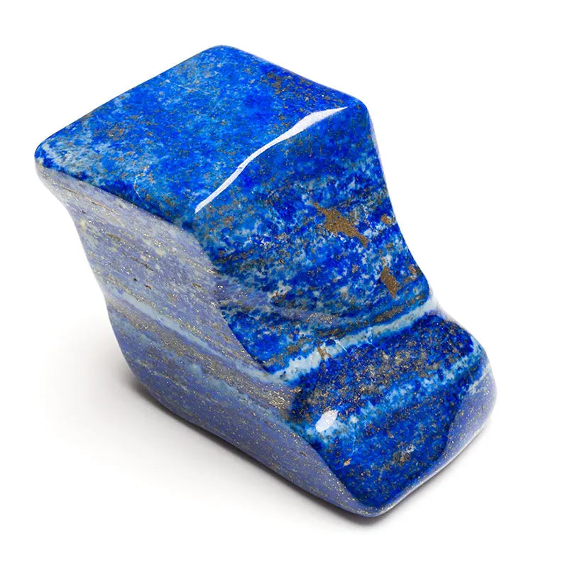 Polished blue lapis lazuli tumble, curved geometric piece with lighter streak