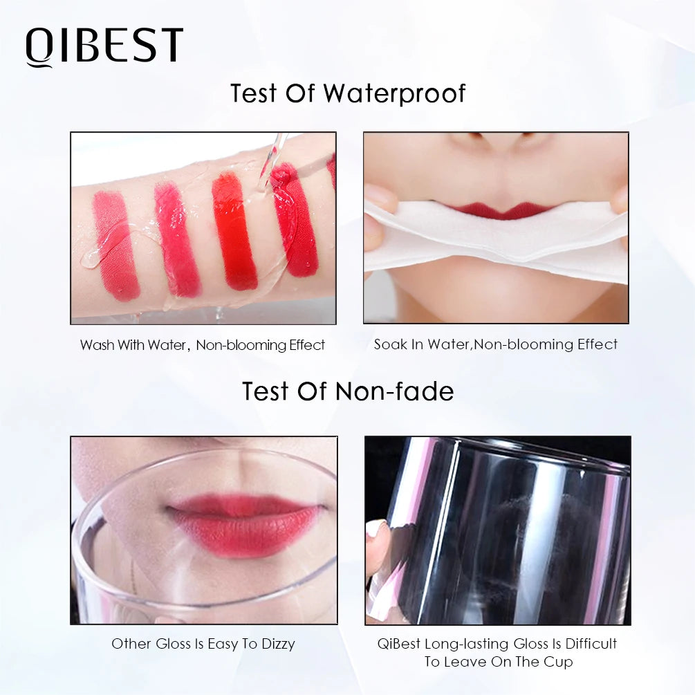 Waterproof velvet matte liquid lipstick swatches and non-fade lip tint demonstration, showing long-lasting lip makeup.