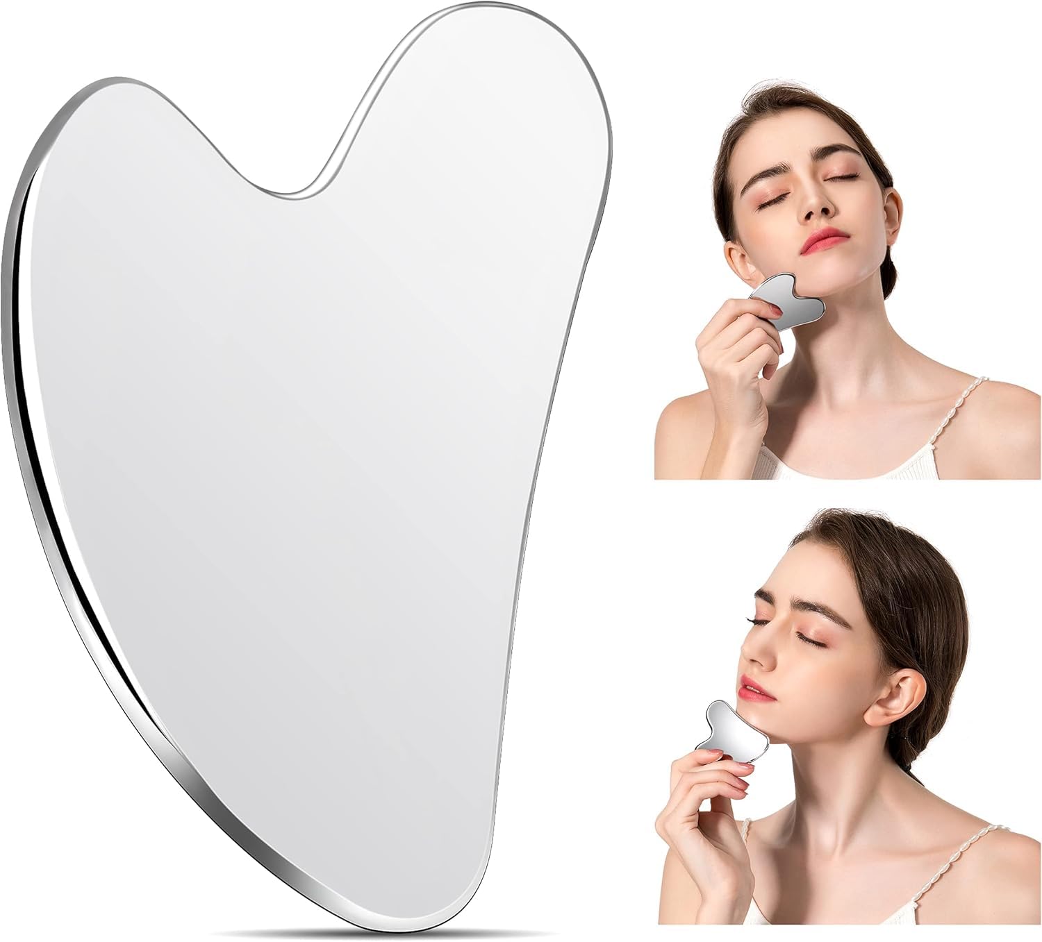 Heart-shaped silver stainless steel gua sha tool used by a woman to massage her face and jawline.