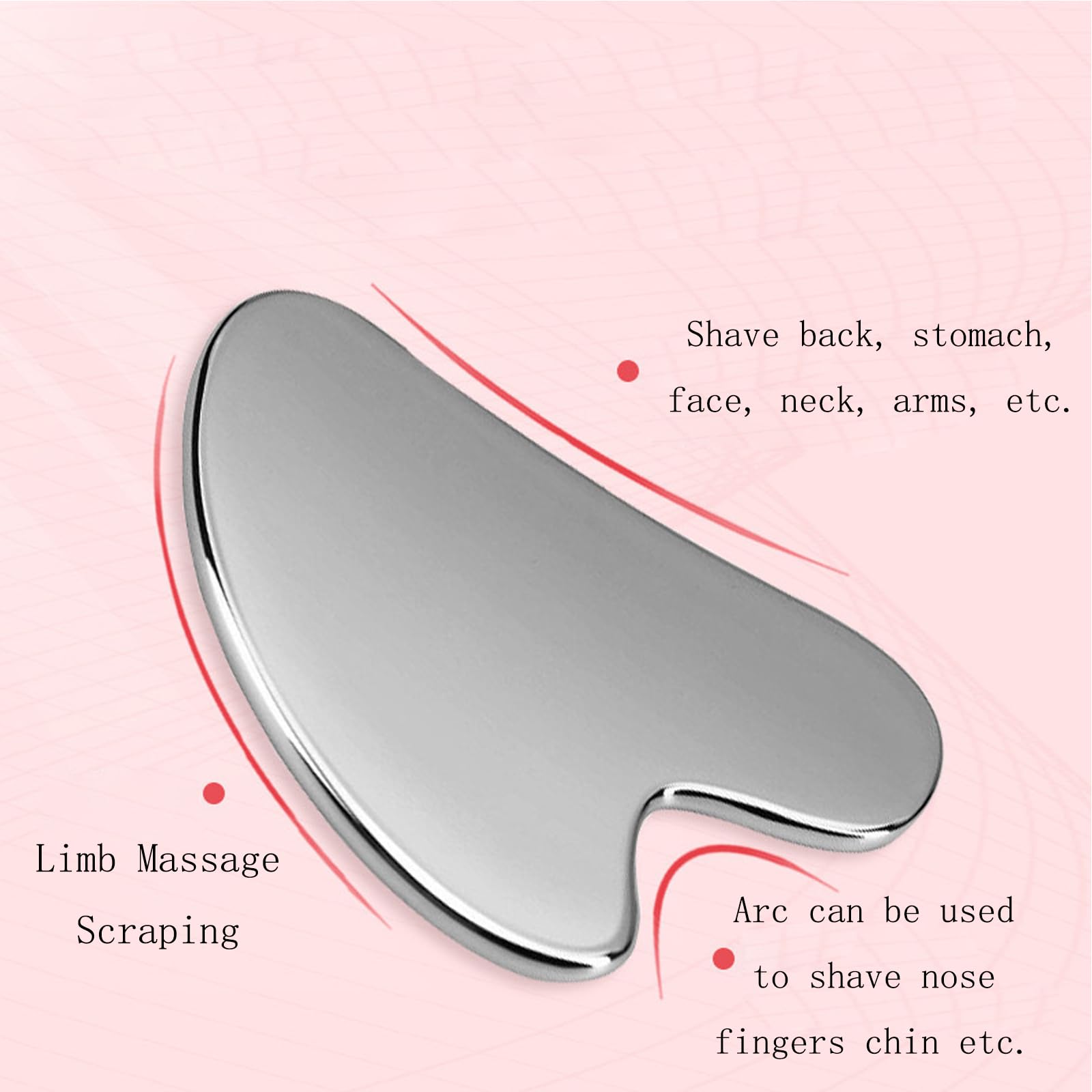 Heart-shaped stainless steel gua sha facial massage tool with smooth, reflective silver surface on a pink background.
