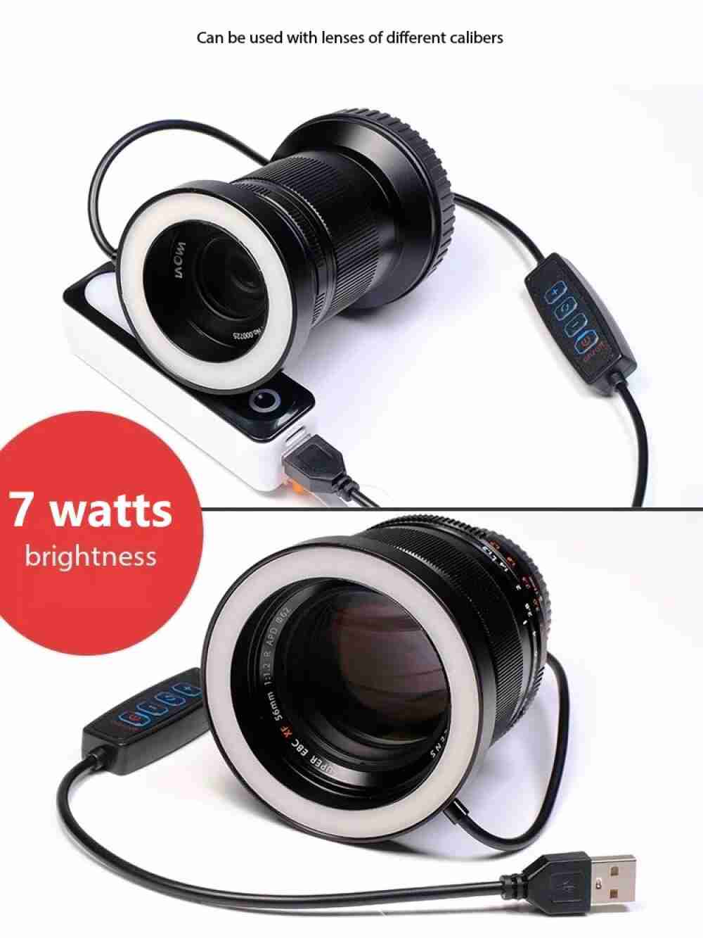 Circular 7-watt LED ring light for camera lenses, featuring a USB power cord and an inline brightness control remote.