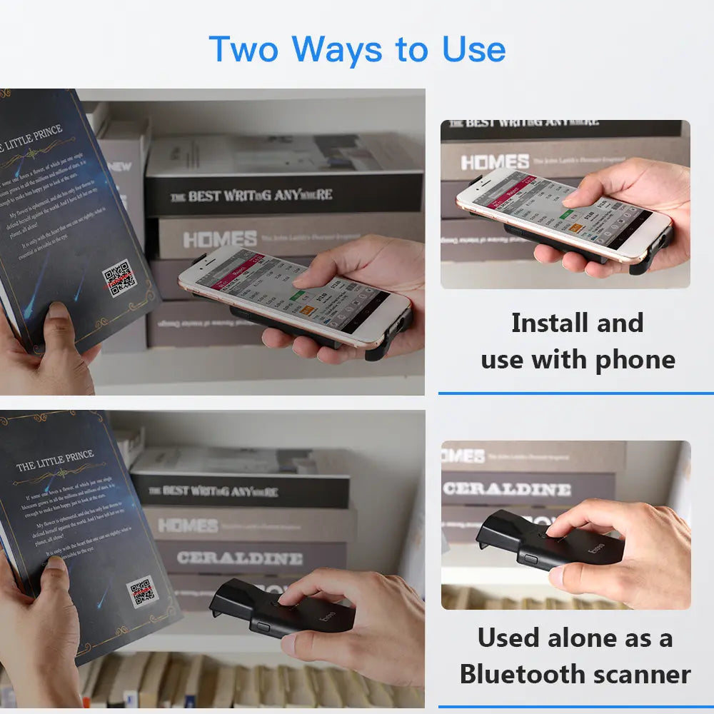 Eyoyo 2D back-clip barcode scanner used with phone for scanning