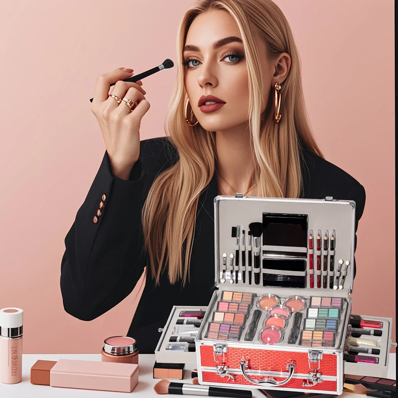 Professional Makeup Kit: Salon-Quality Red Cosmetic Set with Brushes Professional Makeup Kits Tidesmit