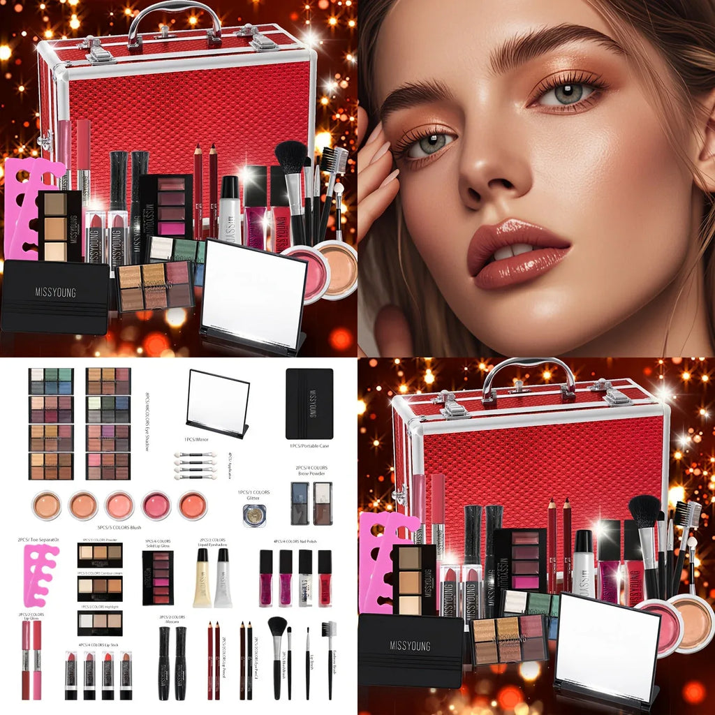 Professional Makeup Kit: Salon-Quality Red Cosmetic Set with Brushes Professional Makeup Kits Tidesmit