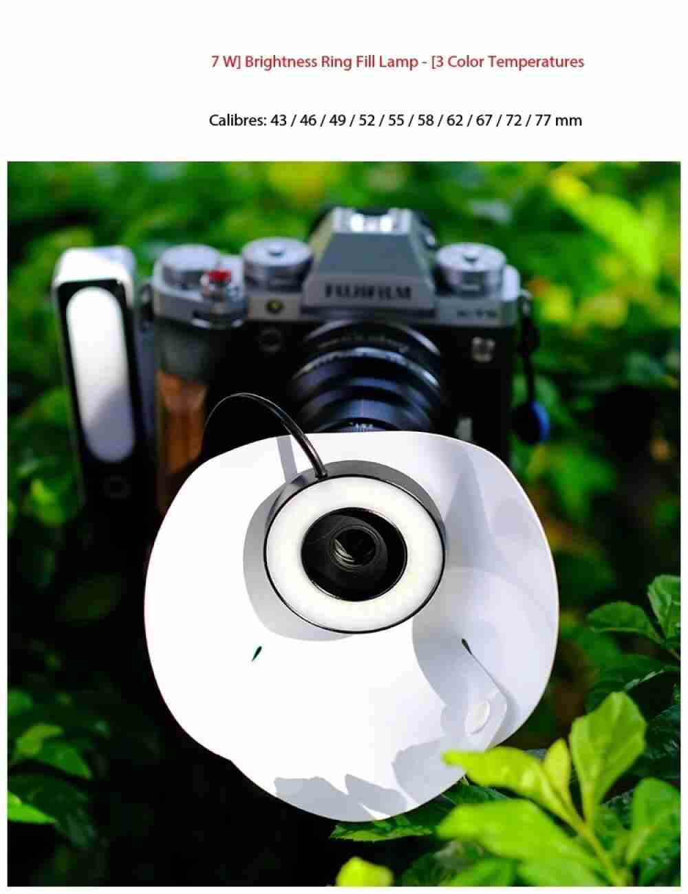 7W ring fill lamp with white diffuser attachment mounted on a camera lens for macro photography.