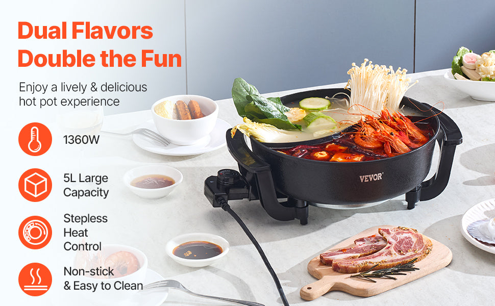 Dual-flavor electric hot pot with glass lid, steaming broth in black pot