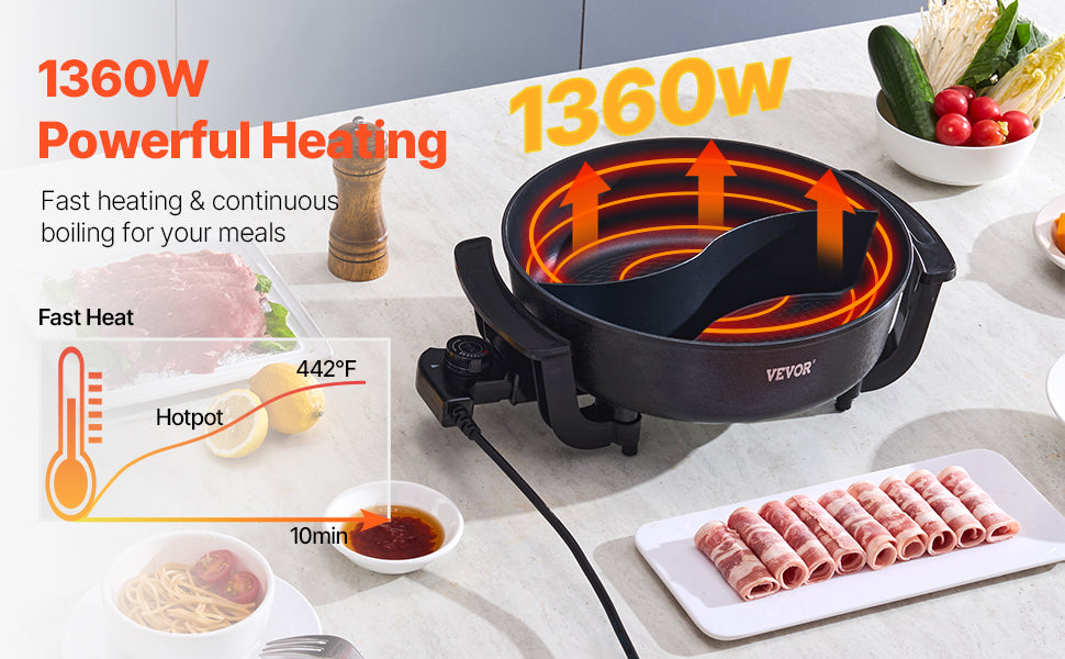 Dual-flavor electric hot pot with heating ring indicator on dark base