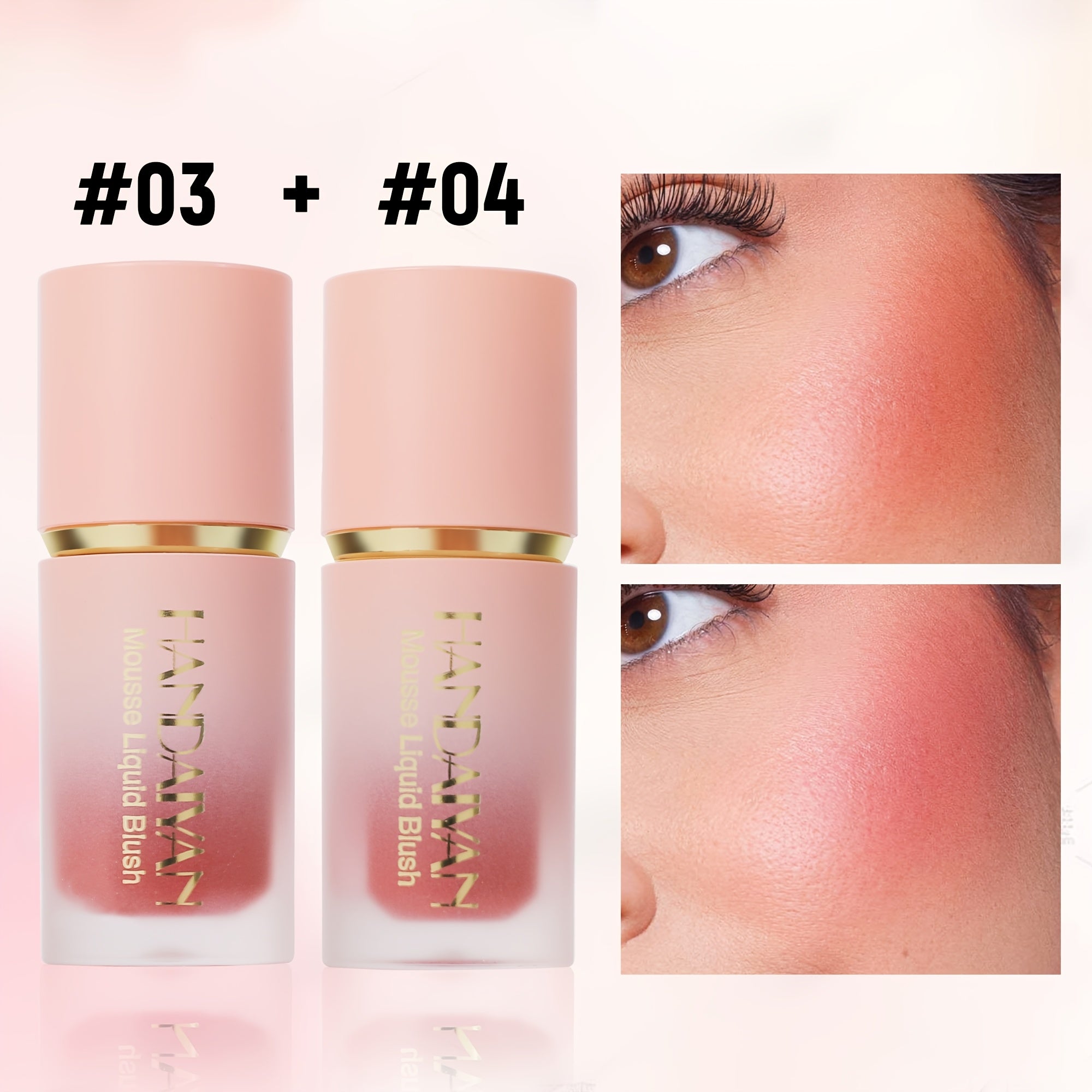 Two matte pink mousse liquid blush bottles in shades #03 and #04, shown with peach and pink blush swatches on cheeks.