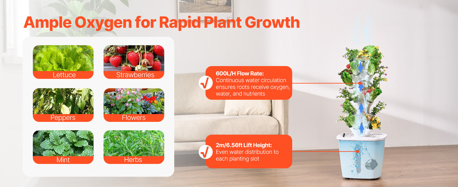 SucceBuy Hydroponic Growing System 30/50Pods Vertical 6/10 Tiers Hydroponic Tower Hydronic Garden with Water Pump