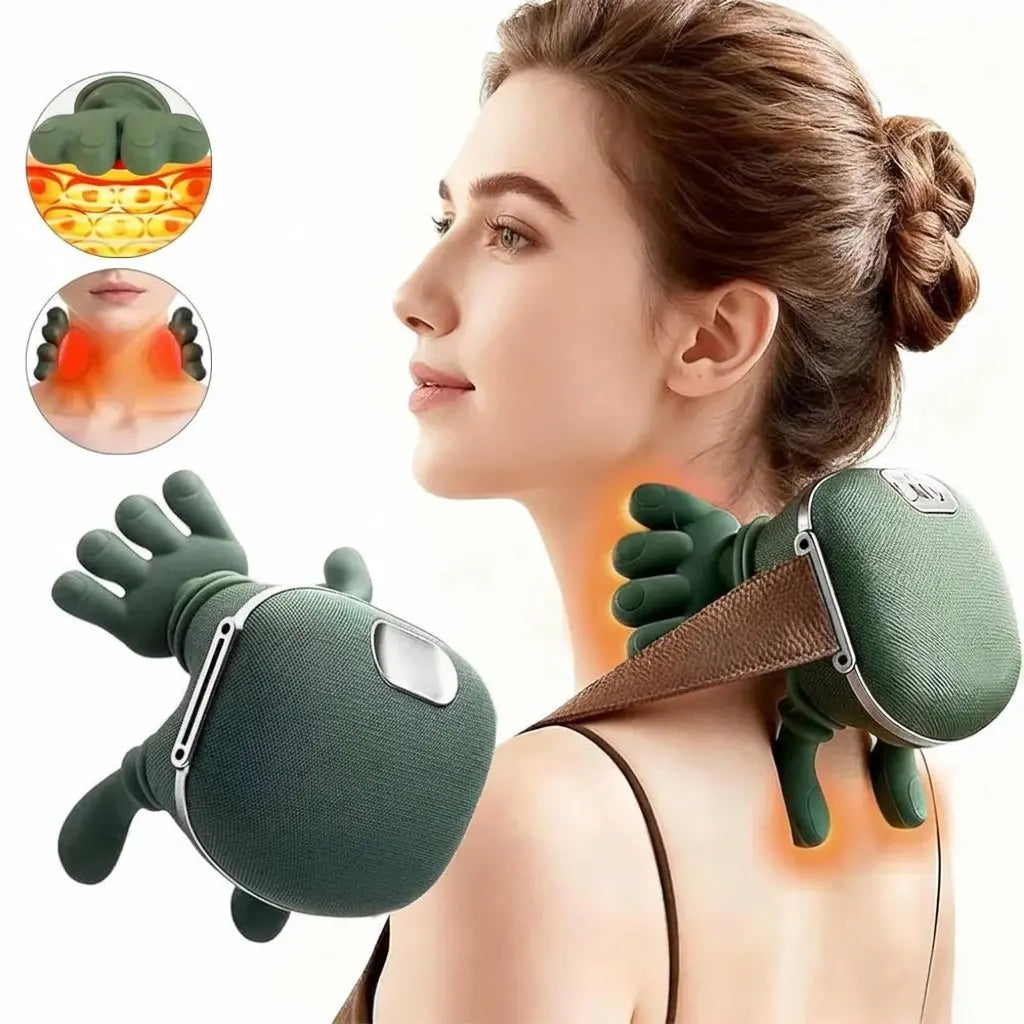 Green electric neck massager with rotating nodes and adjustable brown strap