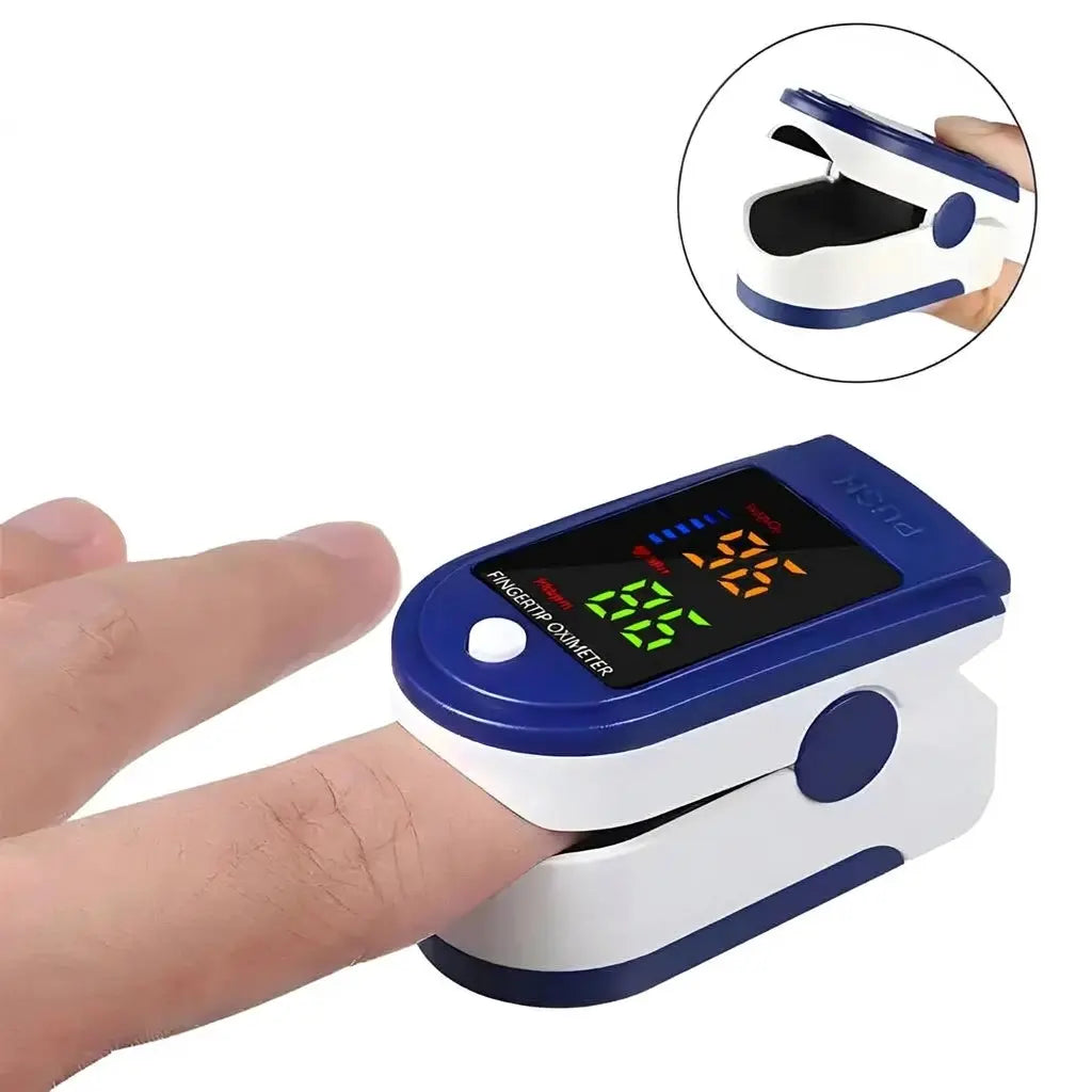 Blue fingertip pulse oximeter with digital display and finger being measured