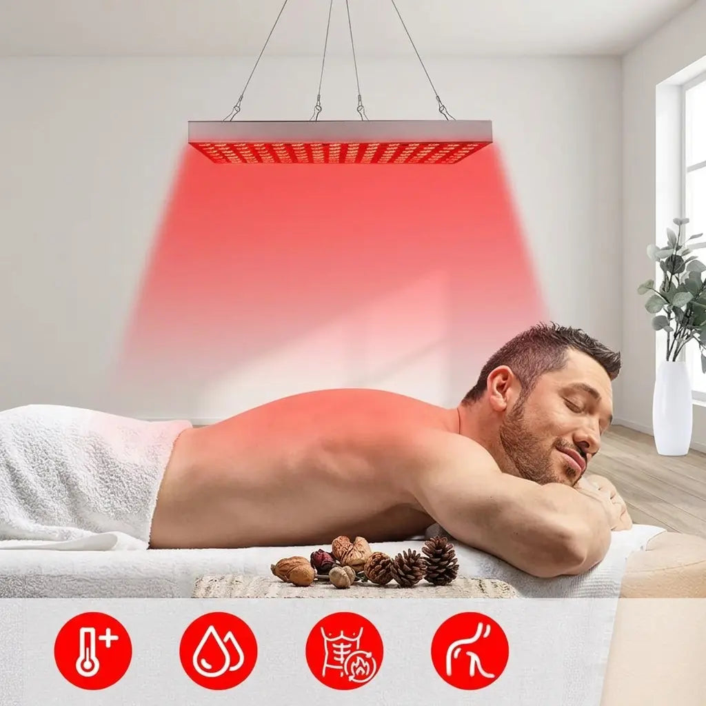 Red light therapy panel for wellness, featuring rectangular LED device hanging above a person for infrared light treatment.