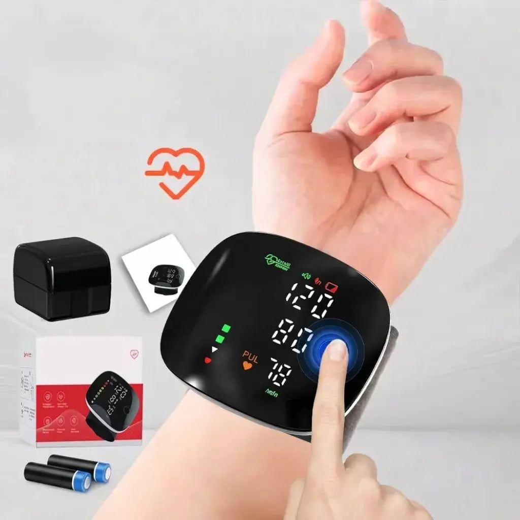 Black digital wrist blood pressure monitor with clear display for convenient health and wellness tracking.