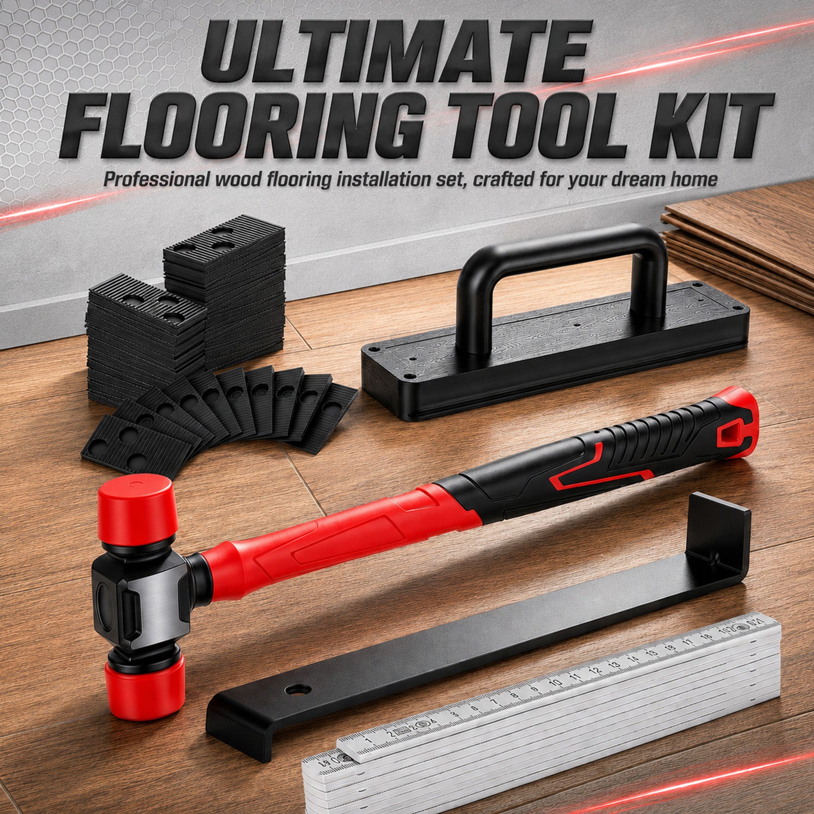 64 Pcs Laminate Flooring Installation Tool Set Professional Floor Fitting Kit Rubber Mallet Pull Bar Spacers Hand Tools for Wood Vinyl Flooring Renovation DIY Construction