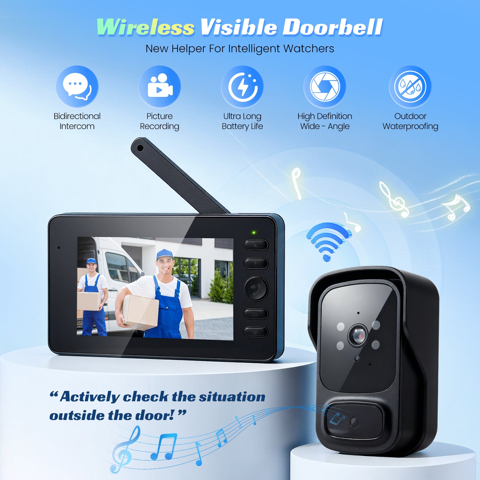 Outdoor Wireless Doorbell With Camera IP65 Waterproof 1080P HD 4.3" Screen 2.4G Video Doorbell Two-Way Audio Night Vision